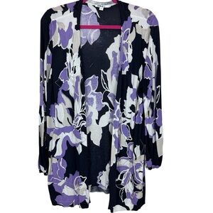 Chicos‎ Floral Embroidered Cardigan Open Front Knit Sweater L Purple